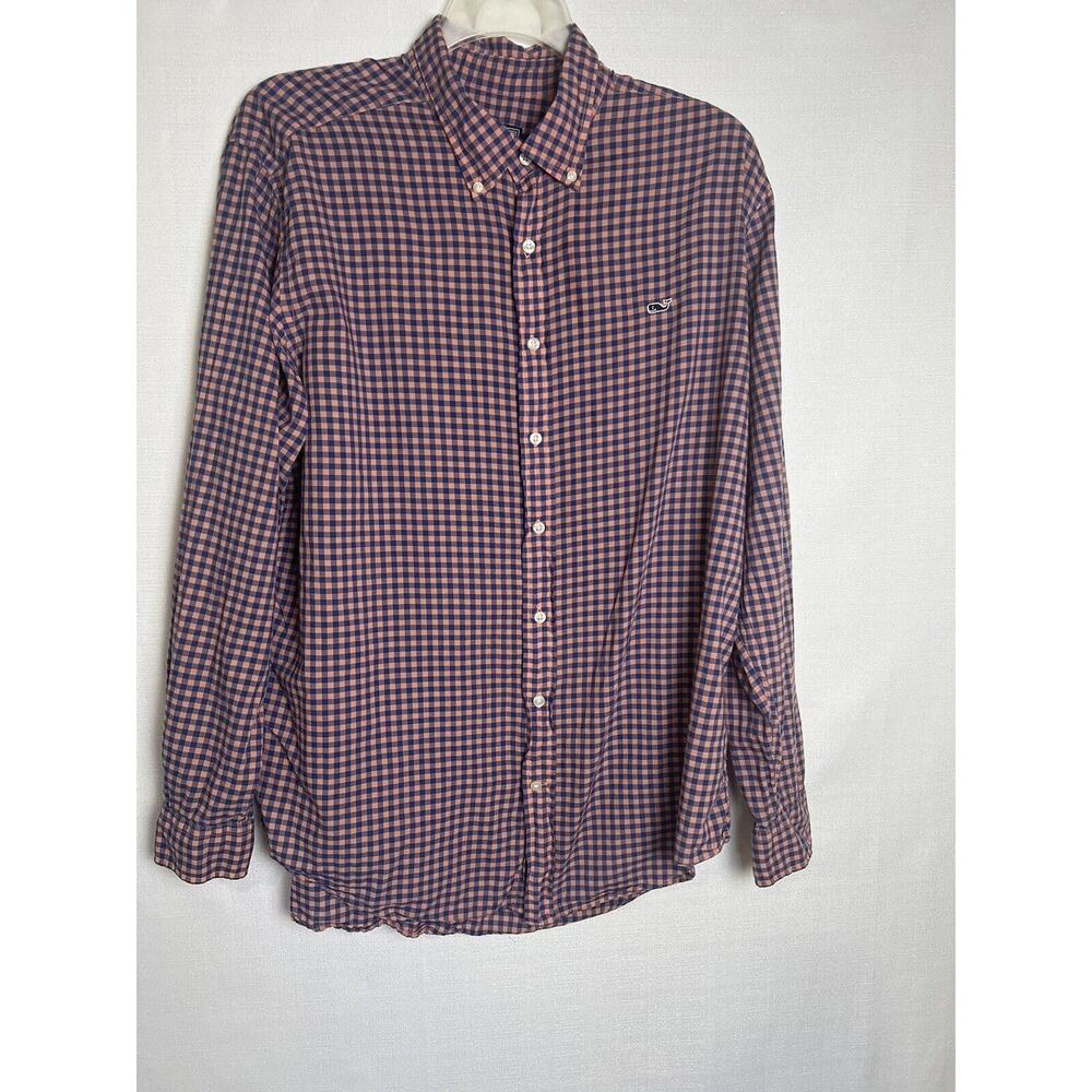 Vineyard Vines Mens XL Blue Pink Plaid Whale Button Up Slim Fit Casual Shirt